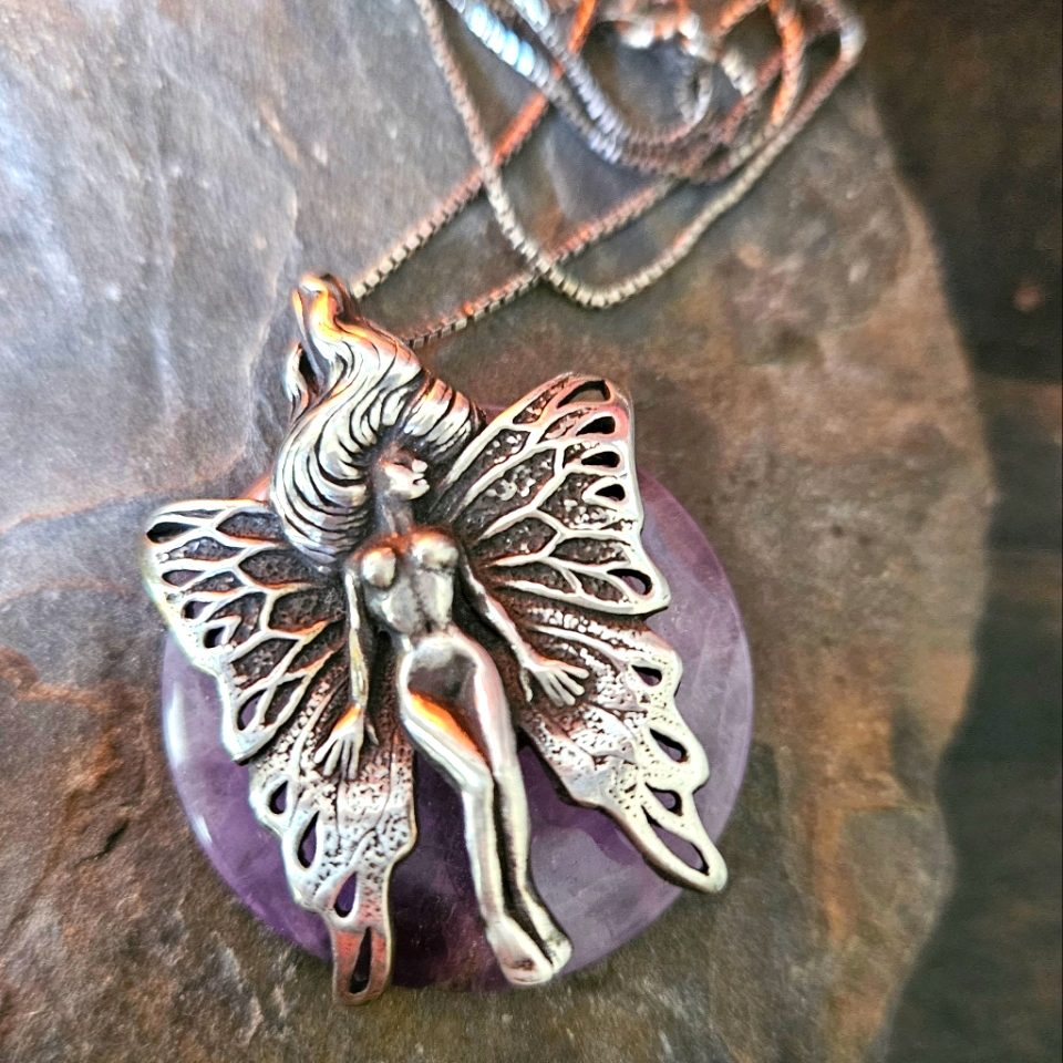 Vintage Sterling Silver Amethyst Fairy Pendant Necklace